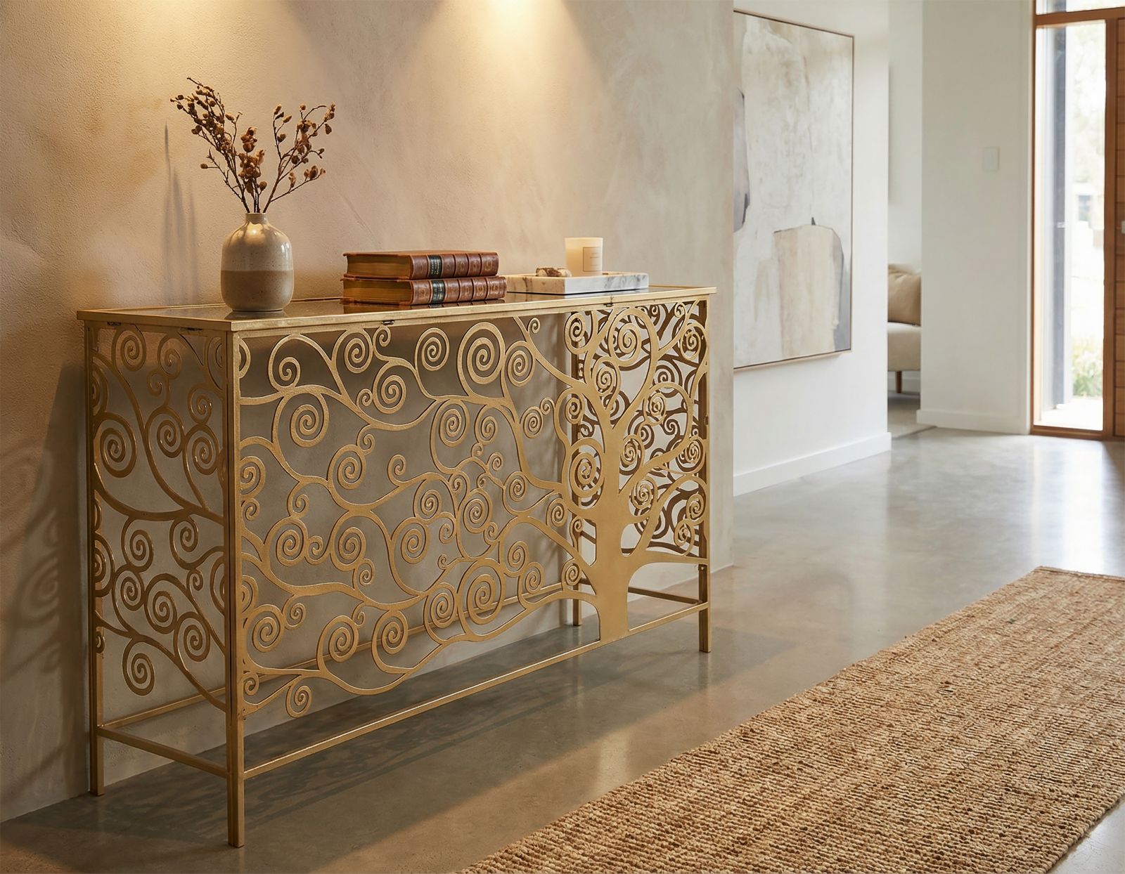 Konsole Vitanova Lebensbaum Design Gold Metall Glas