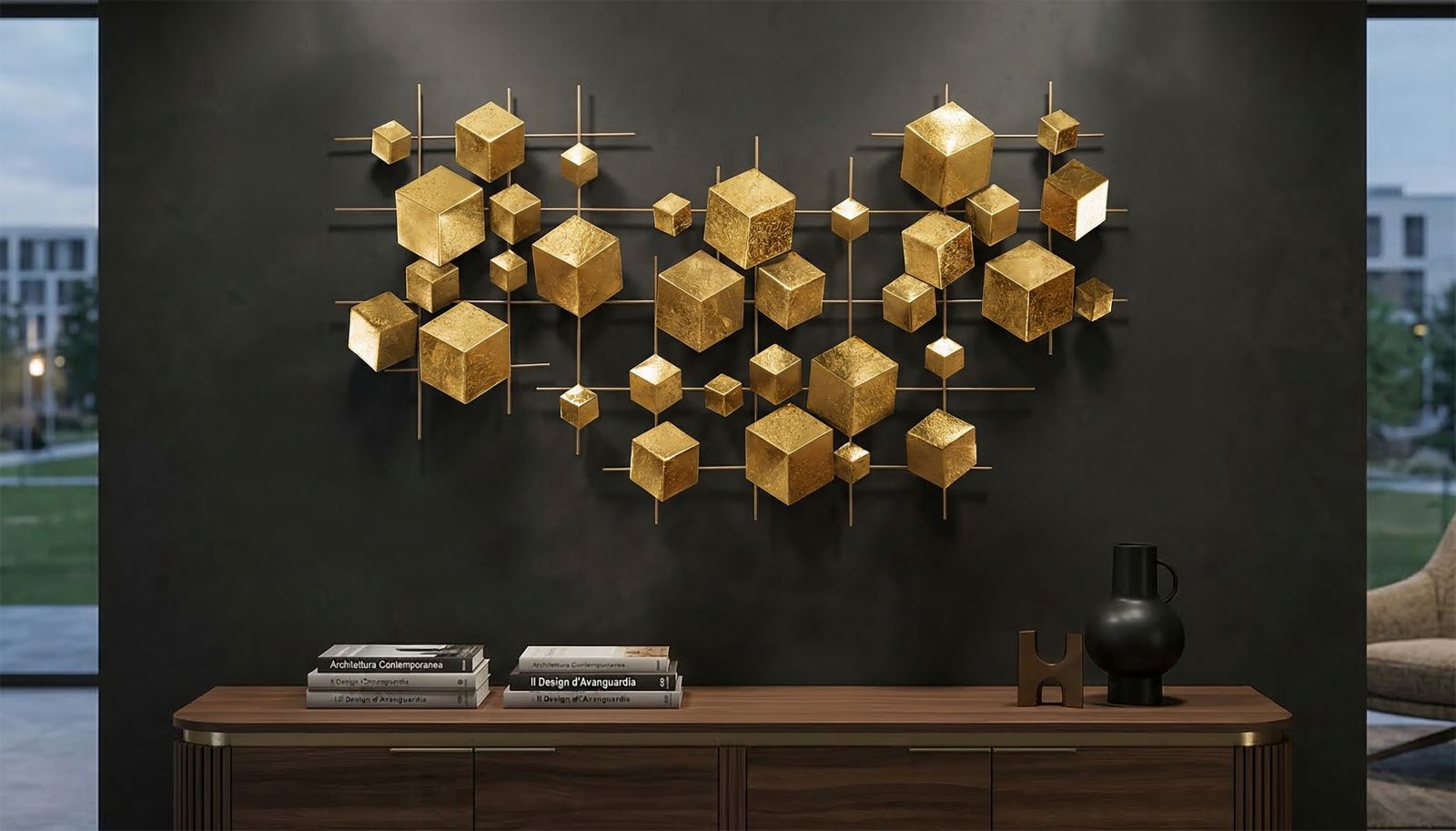Golden Cube Metall Wandobjekt Abstrakt Modern Glam 90 cm