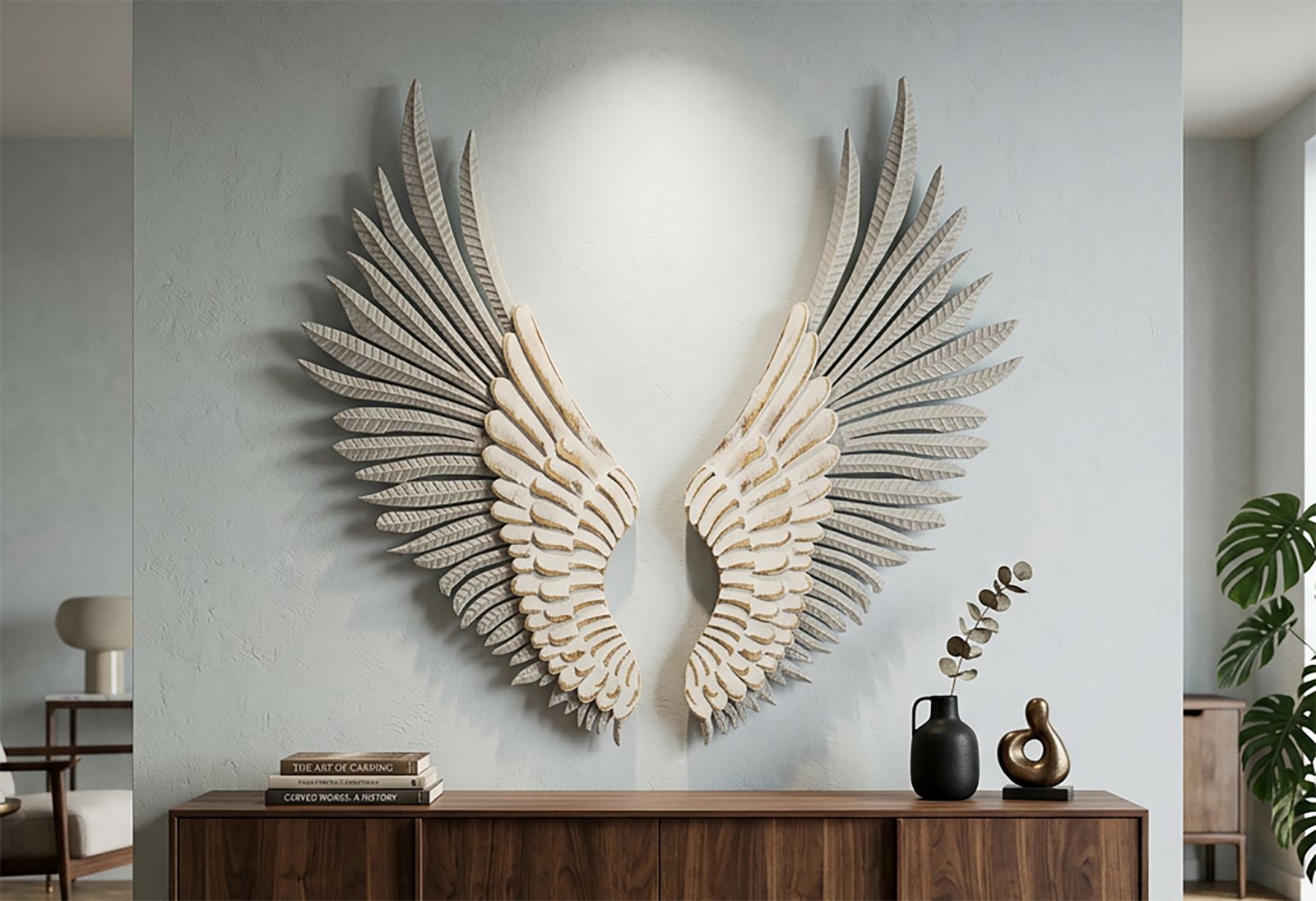 Wanddekoration Flügel Paar Federoptik Natural Metall MDF
