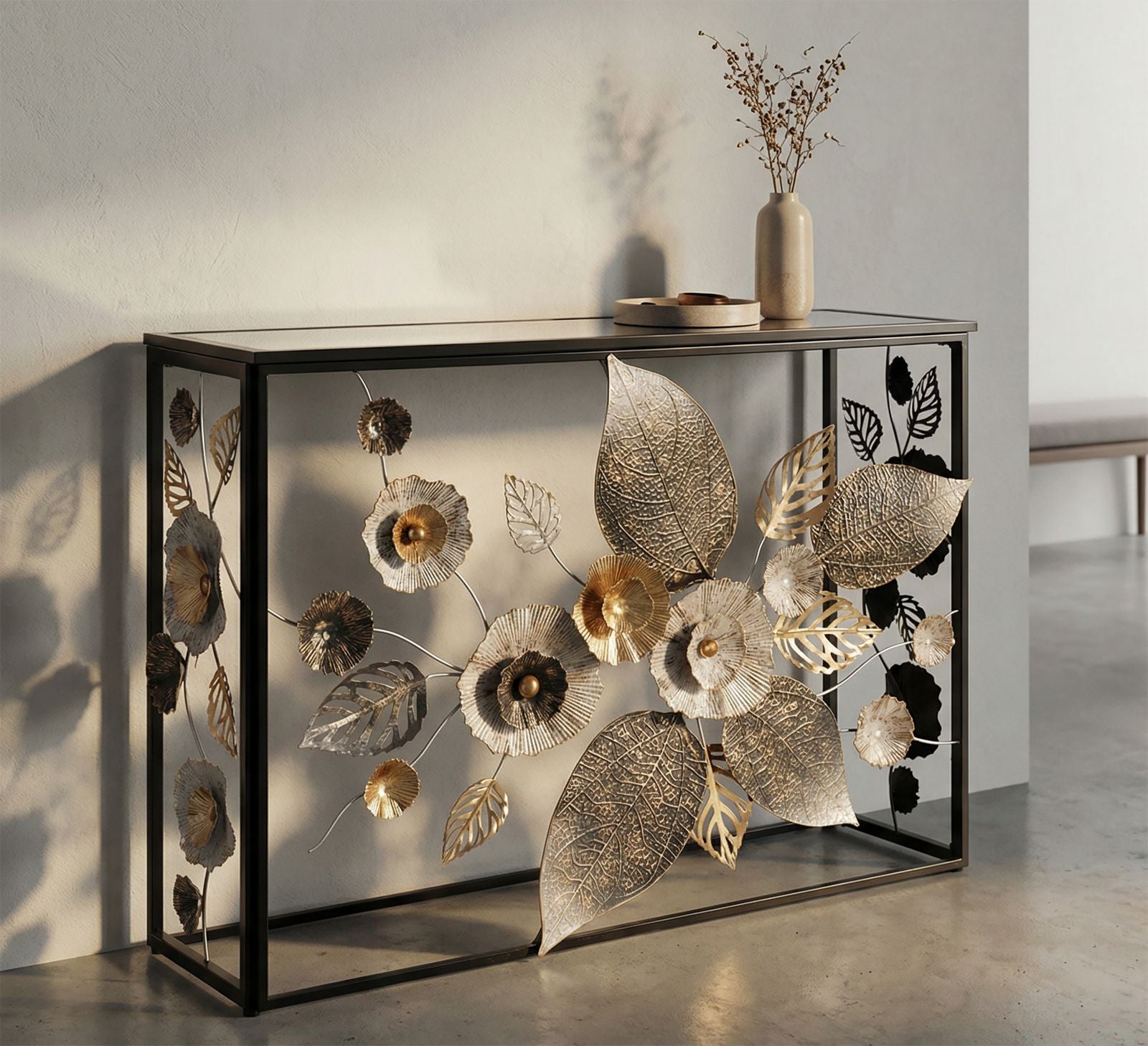 Konsole Floral Spiegeloptik schwarz gold Glam Dark Metall