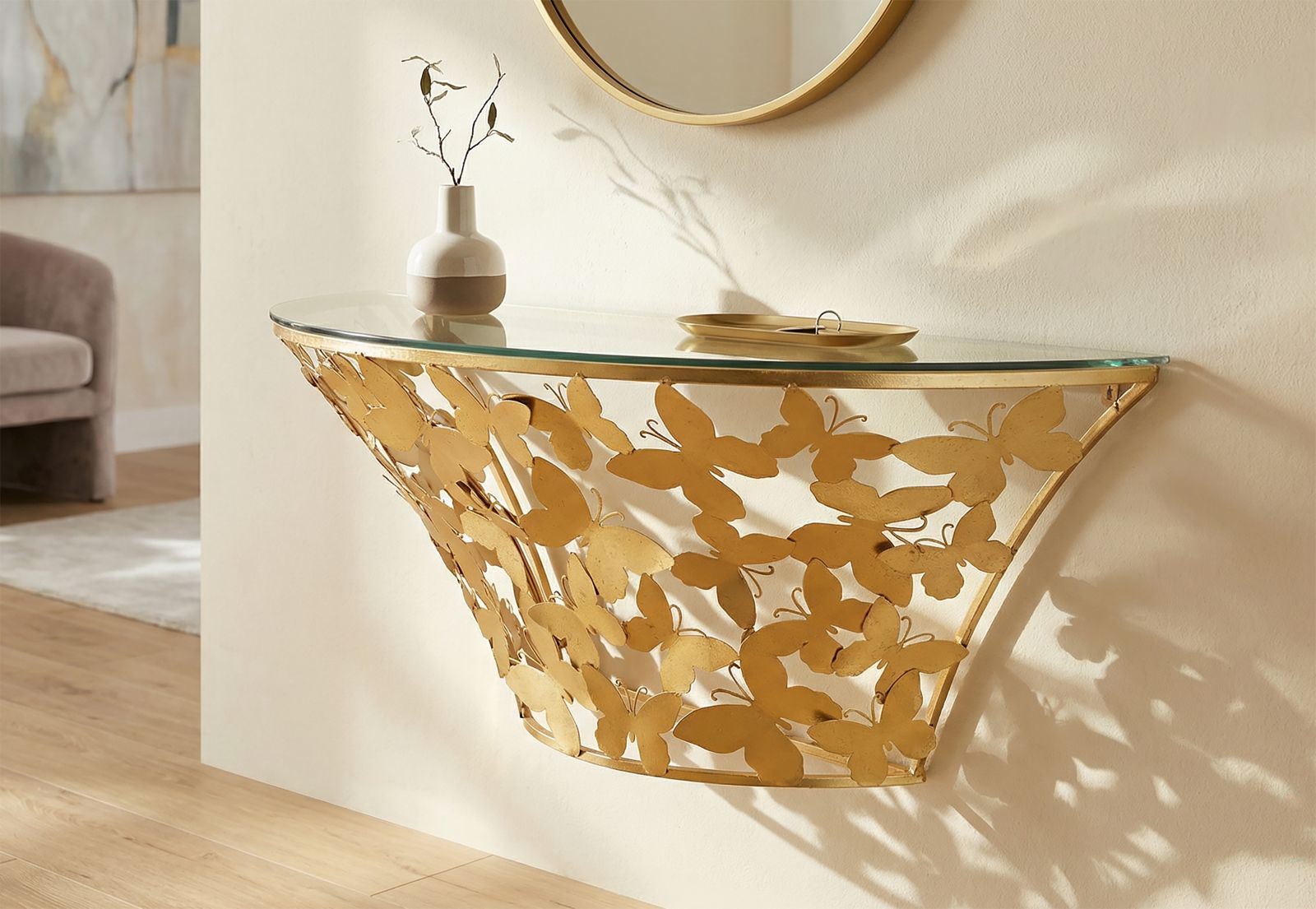 Wandkonsole Butterfly Gold Metall mit Glasplatte