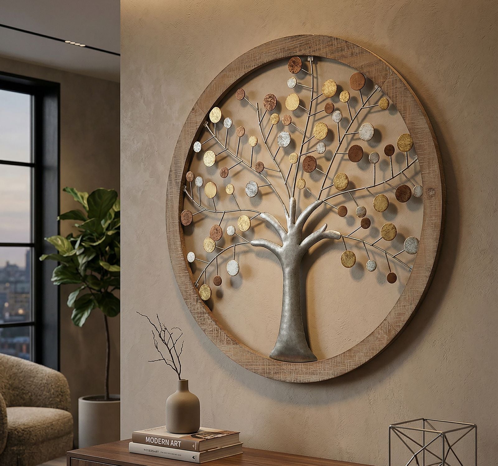 Tree of Life Metall Holz Wandobjekt Rund Modern Natur Design 59 cm