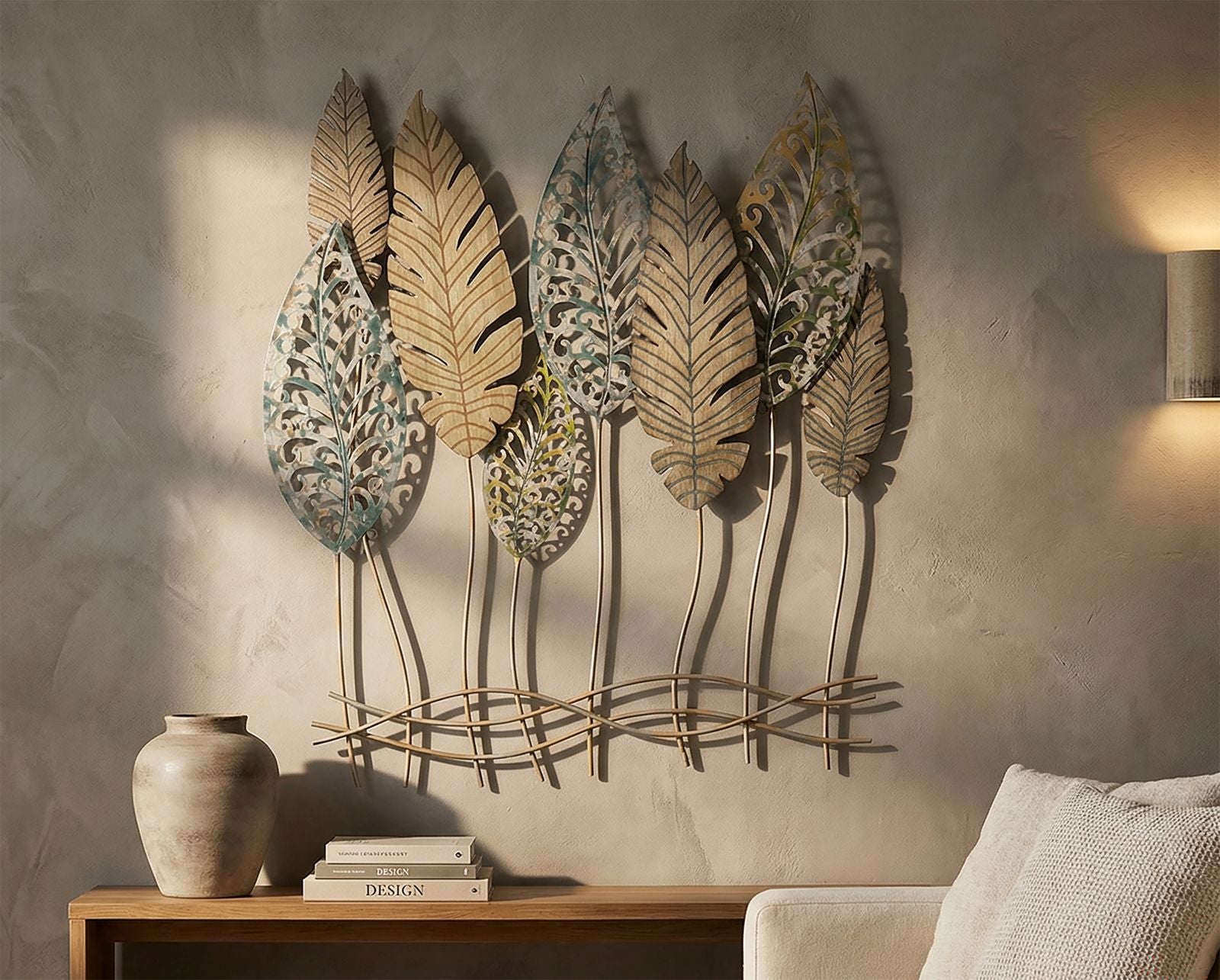 Forest Leaves Metall Holz Wandobjekt Modern Natur Design 87 cm
