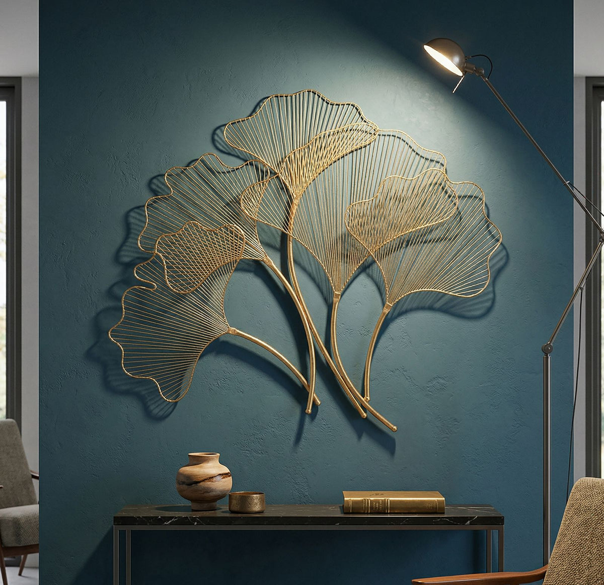 Wanddekoration Ginkgoblätter Elara aus Eisen goldfarben 79 x 68 cm