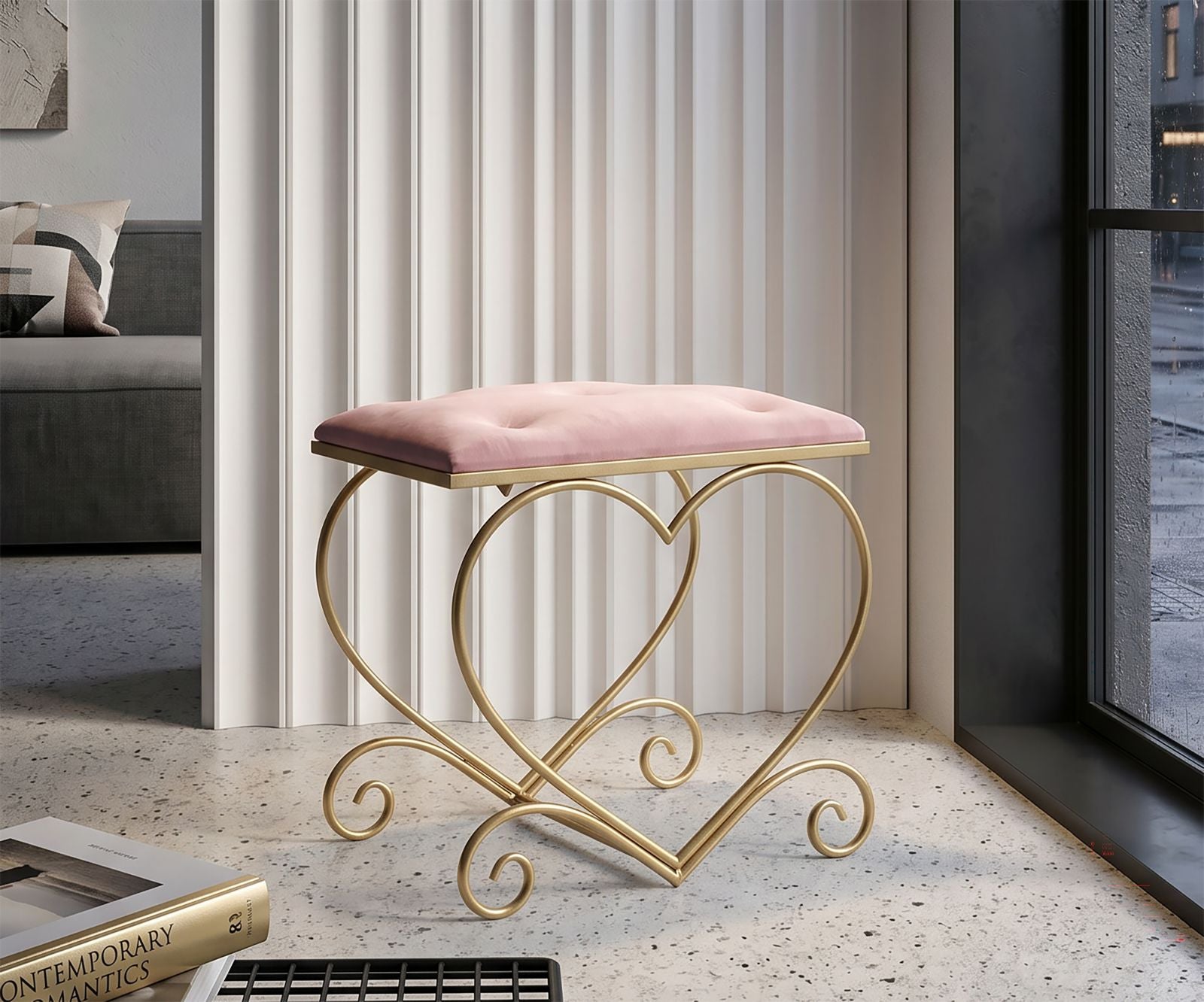 Sitzhocker Heart Glam Gold Rosa Samt Optik