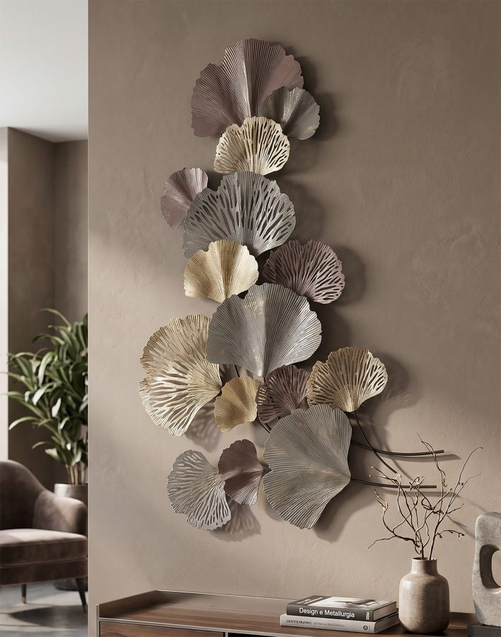 Folia Ginkgo Wanddeko Metall Gold Grau 126 cm