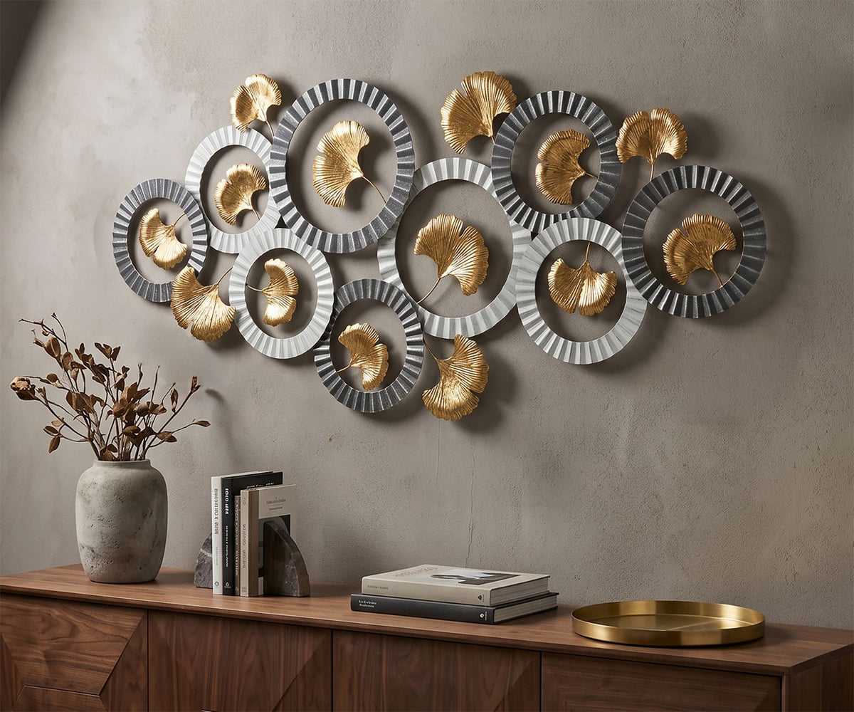 Wanddeko Ginkgo Metall Gold Silber mit Kreisdesign 126 cm