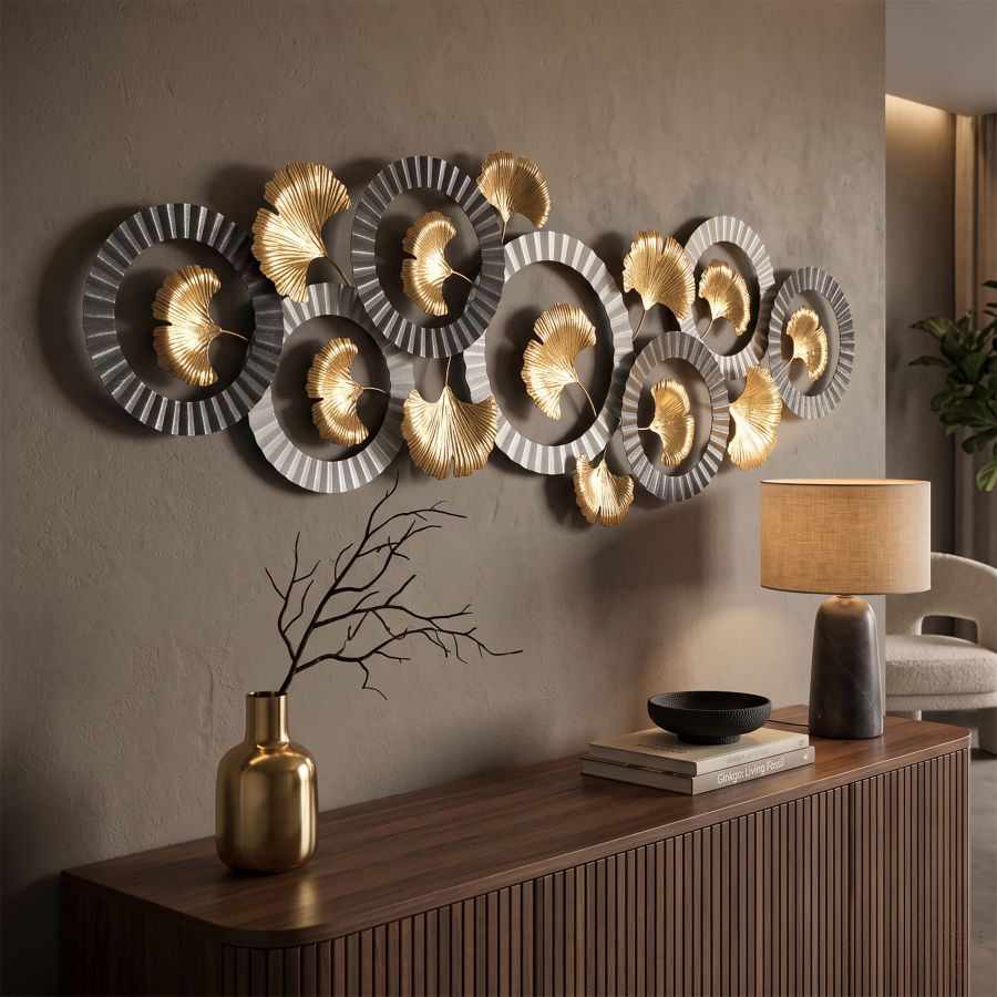 Wanddeko Ginkgo Linea Metall Gold Silber mit Kreisdesign 127,5 cm