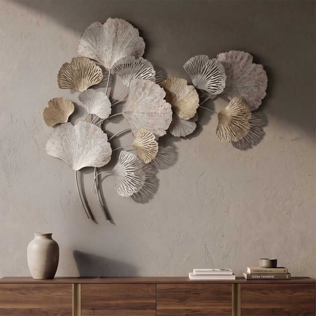 Wanddekoration Elva mit Ginkgo Blättern in Silber und Gold 113cm