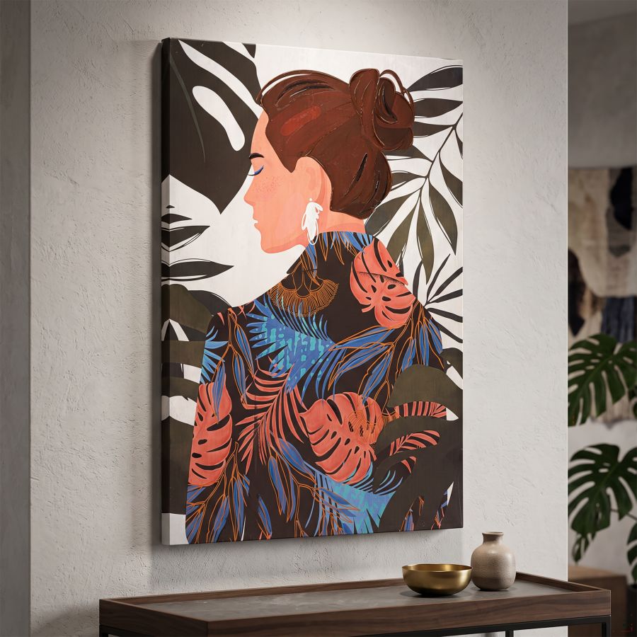 Wandbild Lady Jungle Frau mit Blättermotiv 80 x 120 cm