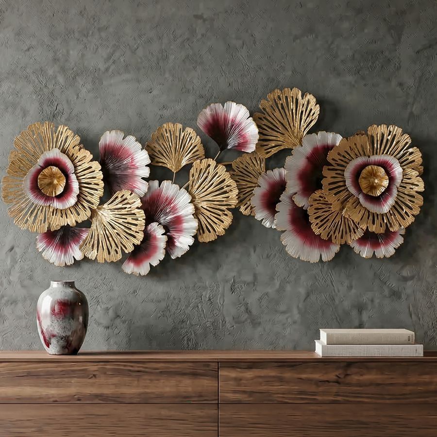 Wanddekoration Blumenpracht Gold Weiß Rot 130 cm