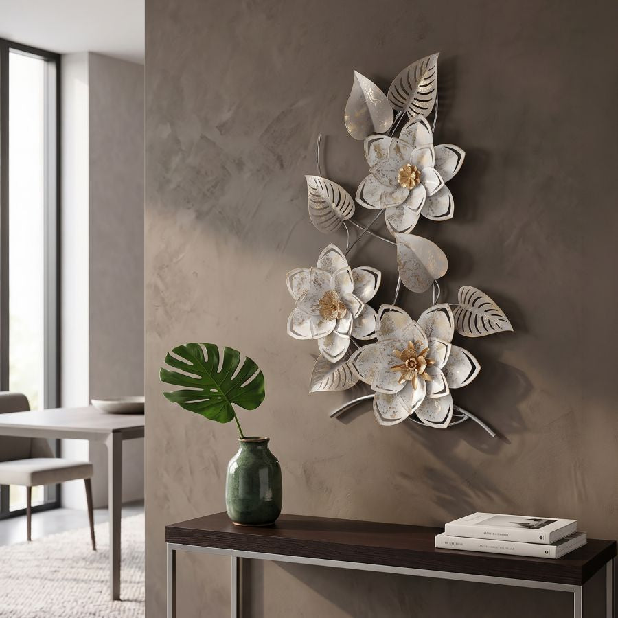 Metall Wanddekoration Artic Blumen creme gold 67,5 cm