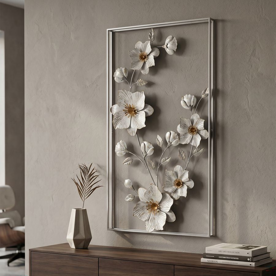 Wanddekoration Flix Blumenmotiv Weiß Gold 90,5 cm