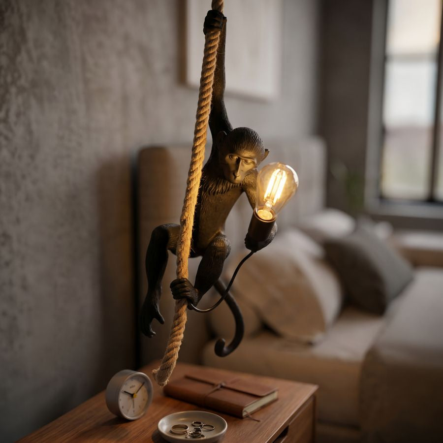 Pendelleuchte Monkey Schwarz mit Affenfigur und Seil 145 cm