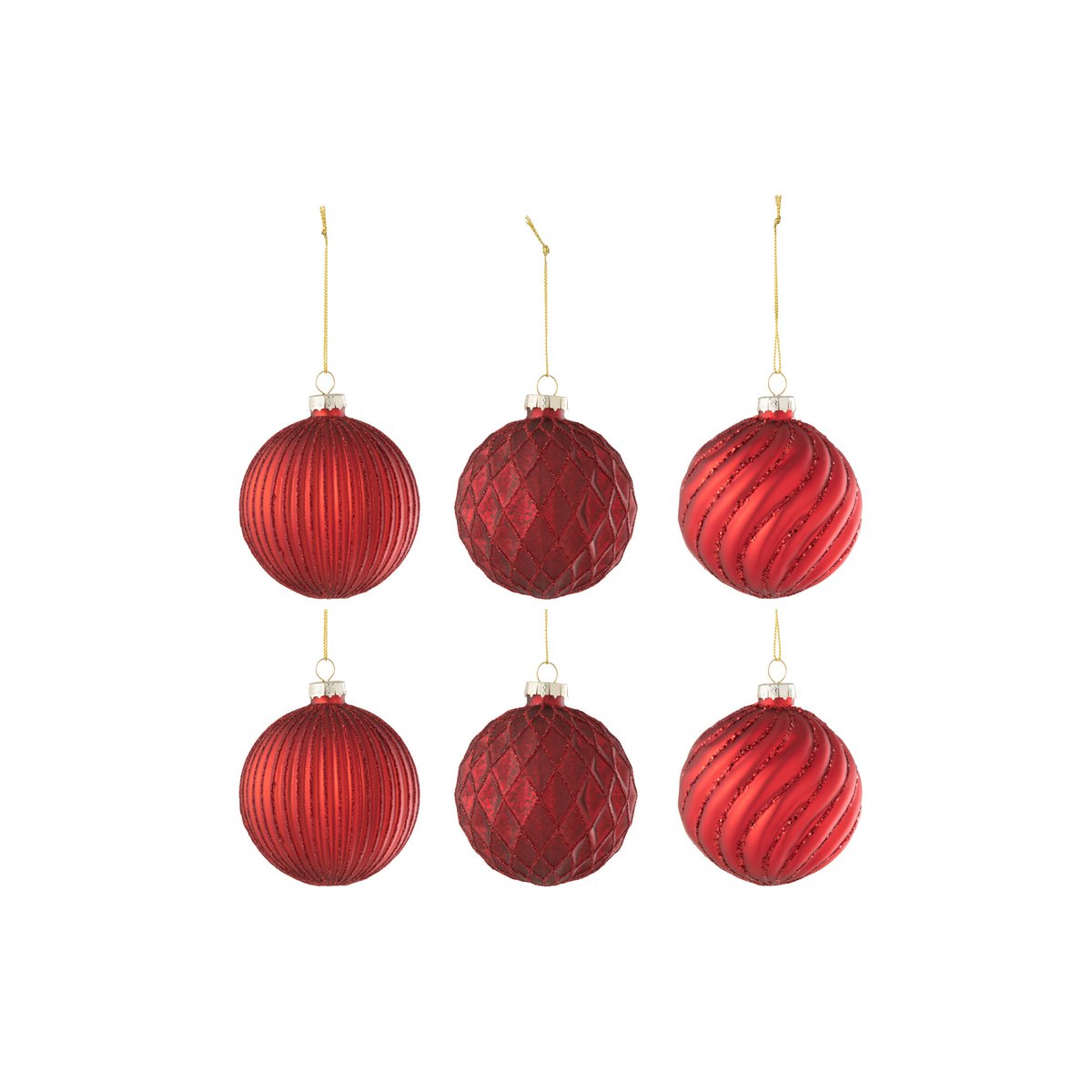 J-Line Christmas balls – glass – ribbed/checked – red