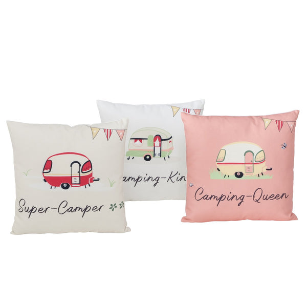 Set van 3 kampeerkussens – “Super Camper”, “Camping King” &amp; “Camping Queen”