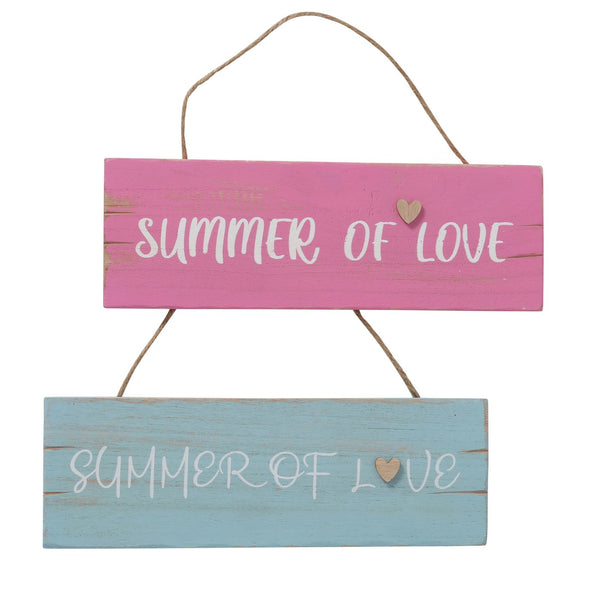Decoratieve houten borden "Summer of Love" in een set van 2 met jute ophanging in een shabby chic look