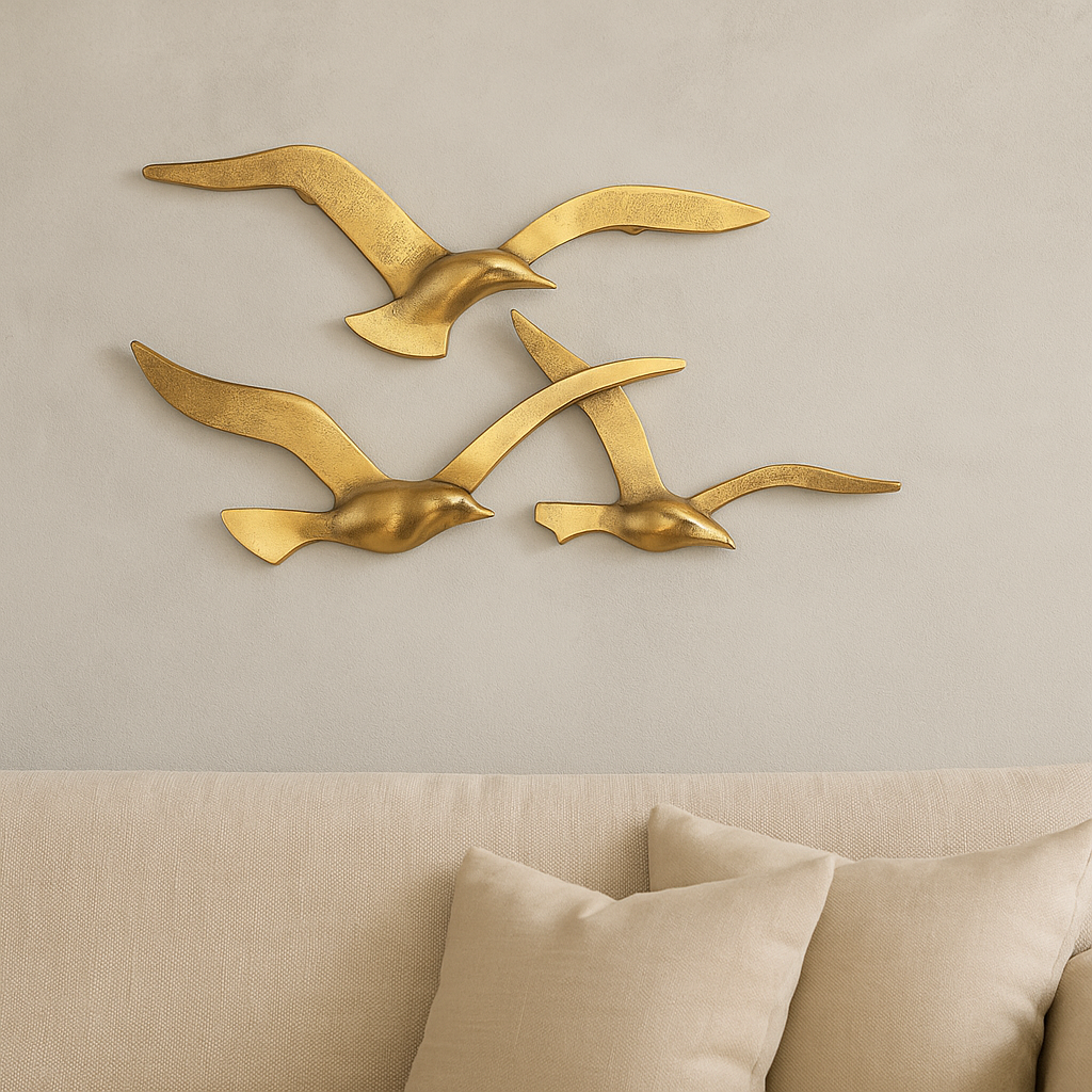 Golden seagulls wall decoration set | Maritime metal wall decoration | 2 pieces