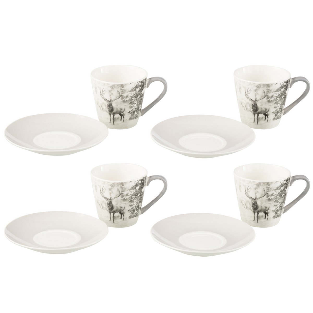 Set van 4 theekopjes en schotels rendiermotief grijs
