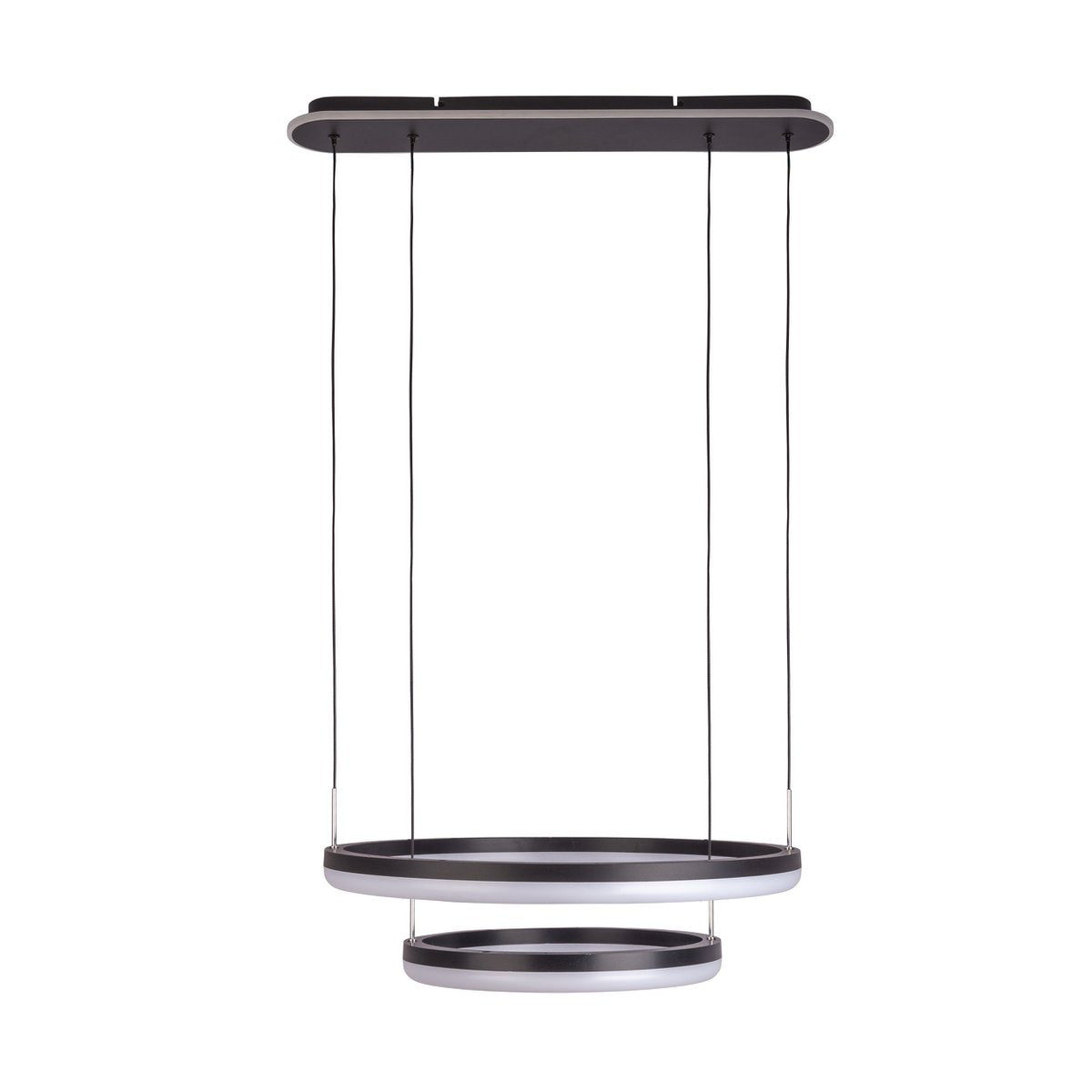 LED-CCT-Pendelleuchte "CIRCULO" aus schwarzem Metall und sandfarbenem Kunststoff, mit integrierter LED und vielen Funktionen, Ø 60 cm, 150 cm hoch.