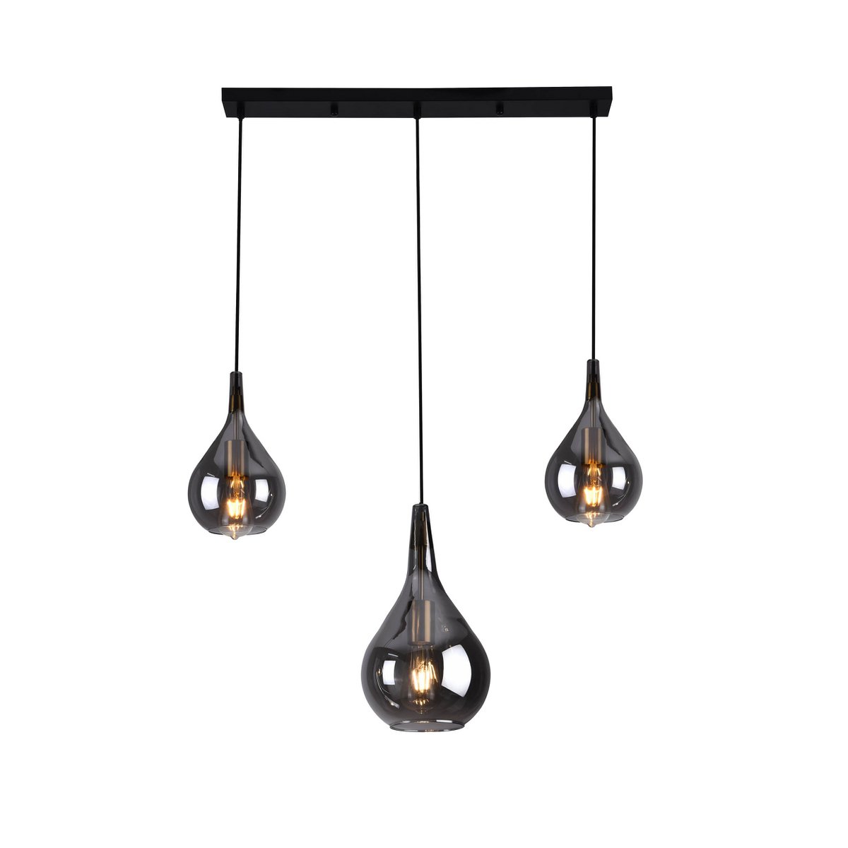 3-er Pendelleuchte "Gota", Retro Klassiker Pendellampe aus schwarzem Rauchglas mit E27-Fassungen, 88 cm lang, 150 hoch, ideal für Esszimmer, Wohnzimmer und Küche.