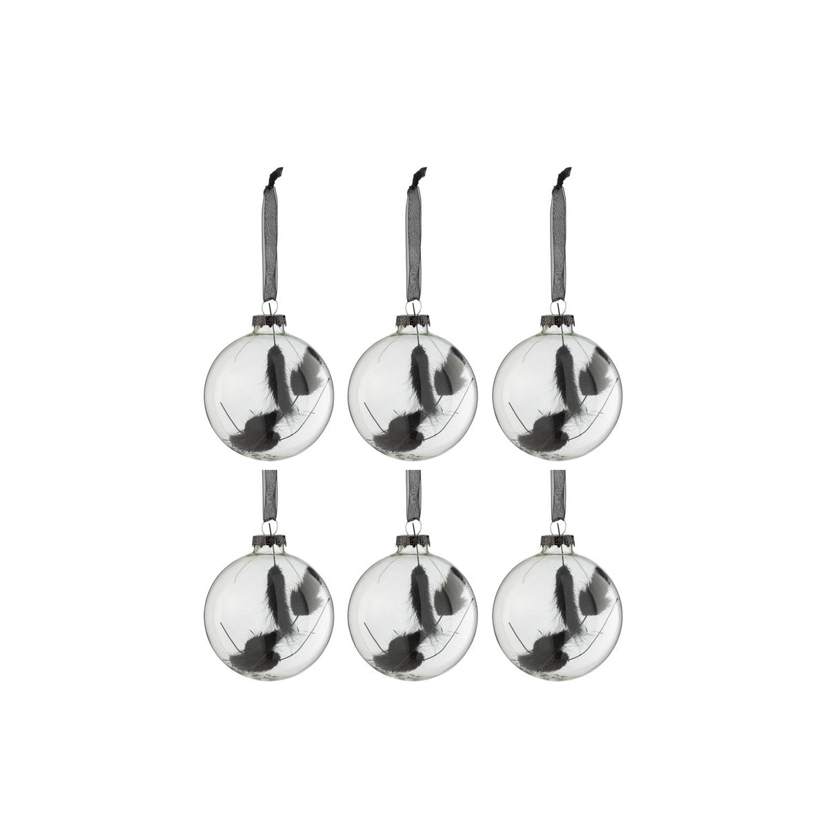 J-Line Box with 6 Christmas balls, round, dried bunny tail, black glass, transparent, small