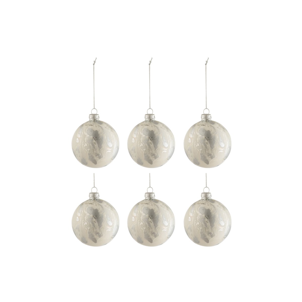 Doos met 6 kerstballen, marmerlook, glas, wit/zilver, klein
