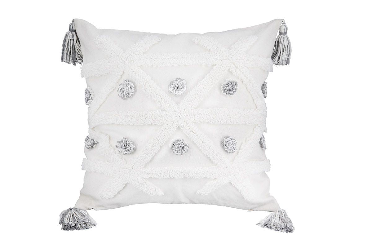 2er Set Kissen 'Tullus' 45x45cm - Deko mit Quasten in Creme/Weiß/Grau - Baumwolle & Polyester