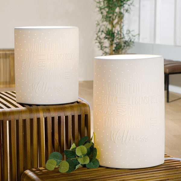 Porcelain lamp "Mindfulness", ellipse shape, white, with inspirational messages 