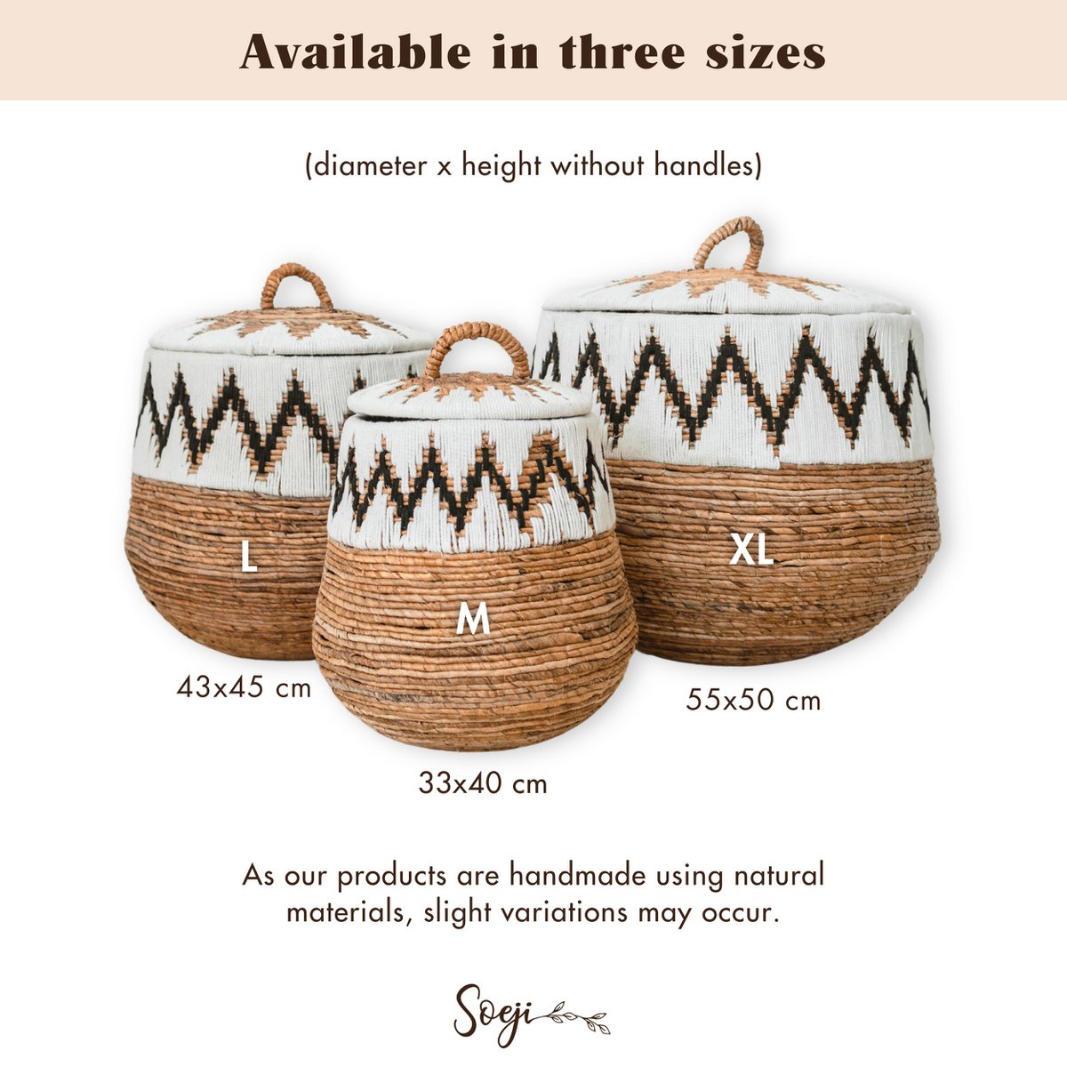 Wäschekorb mit Deckel – Boho-Wäschekorb rund – großer Boho-Korb – geflochtener Korb mit Baumwollmuster PALEM (3 Größen Ø33/43/55 cm)