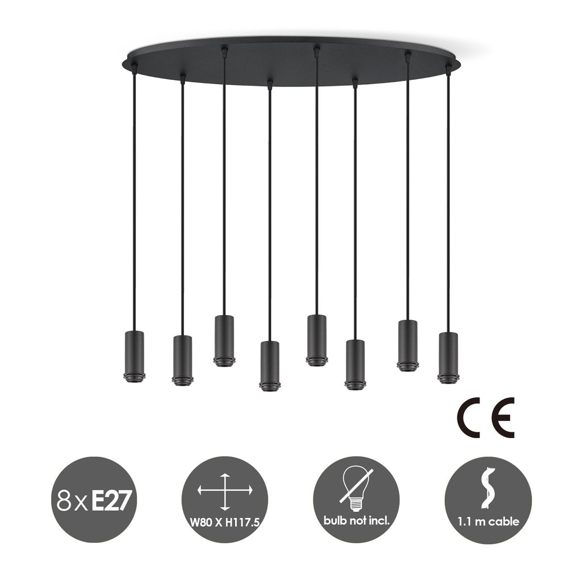 Black oval metal hanging lamp 8L - 80/25/117.5CM