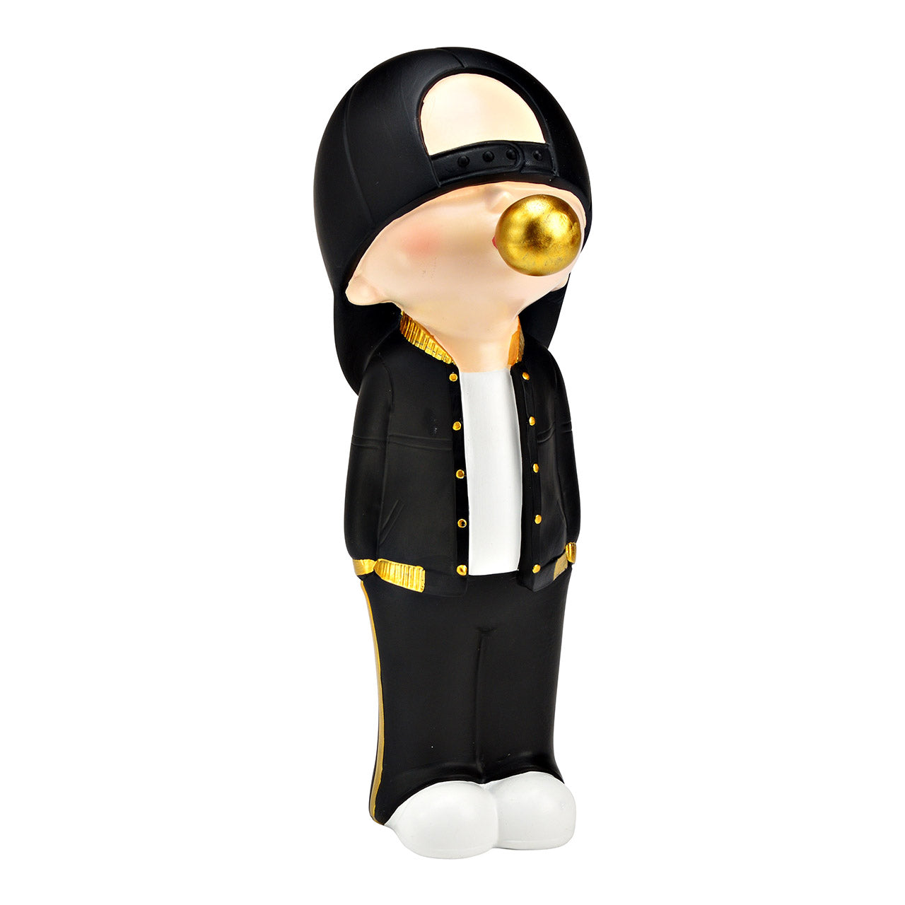 Figure boy with bubble gum made of poly black/white/gold (W/H/D) 9x26x13cm