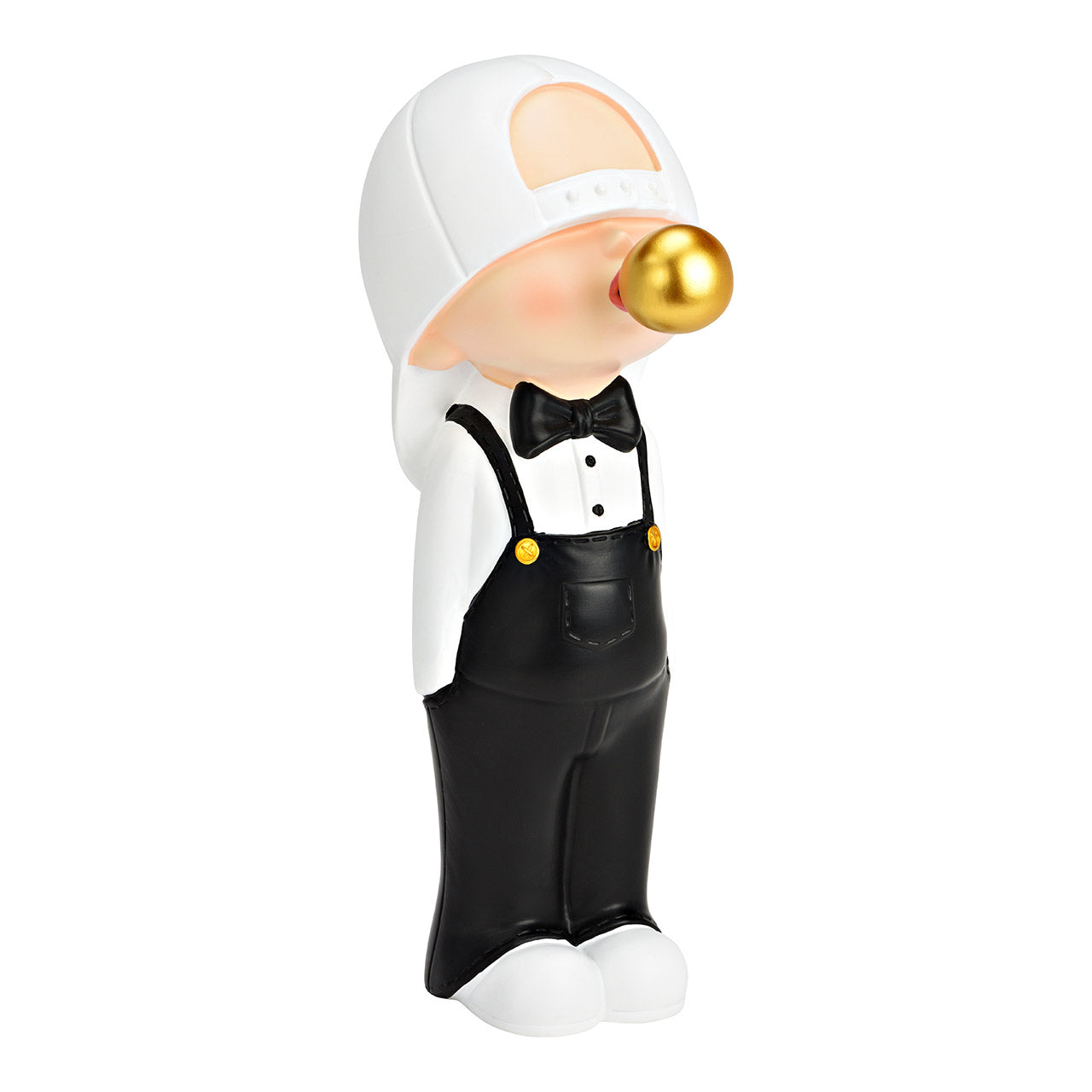 Figure boy with bubble gum made of poly, black/white/gold (W/H/D) 13x38x22cm