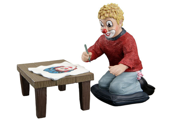Handgefertigte Gilde Clown Figur 'Der Zeichenkünstler', mit Tisch, Kunstharz, 10 cm