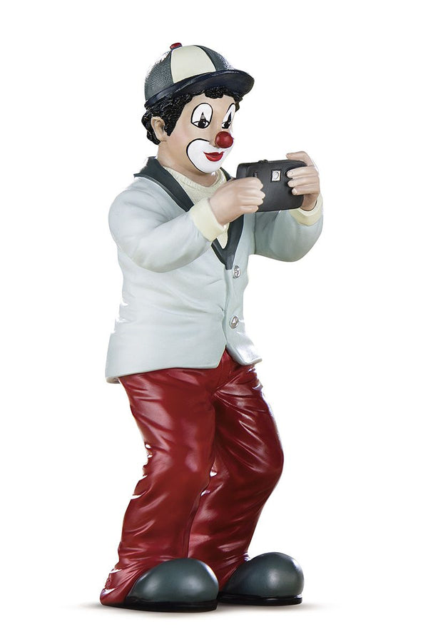 Detailreicher Kunstharz Clown "Der smarte Fotograf" in Aktion