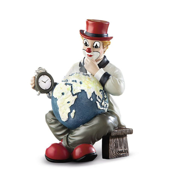 Besinnlicher Clown Nimm dir Zeit mit Weltkugel und Uhr