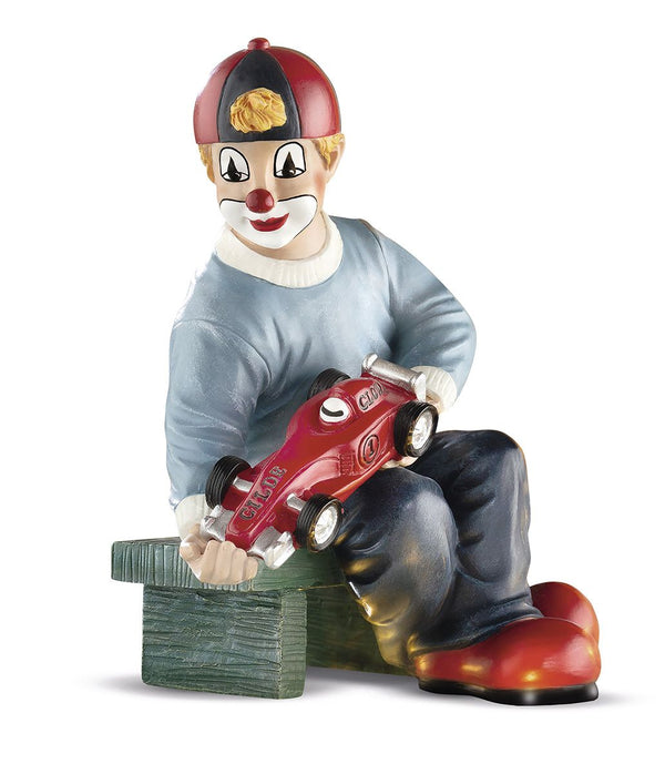 Liebevoller Kunstharz-Clown Mein ganzer Stolz mit Spielzeugauto Rennwagen Formel1