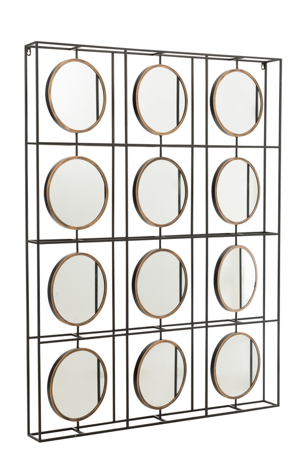 Wanddekoration mit 12 Spiegeln aus Metall und Glas in Schwarz