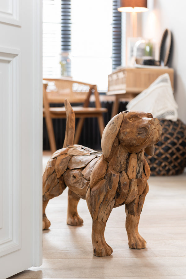 Teakholz Hundeskulptur – Handgefertigte, Lebensechte Hunde-Dekorfigur
