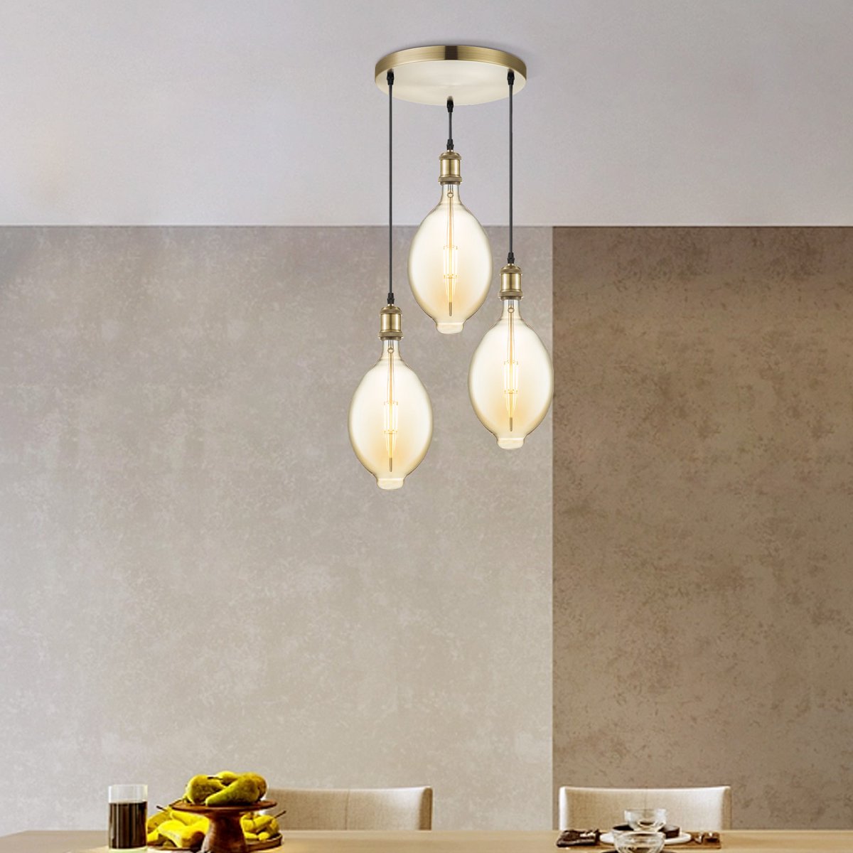 Hanging lamp vintage round oval 3L G125 dimmable E27 amber
