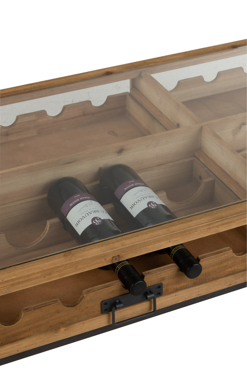 Eleganter Couchtisch 'Vino Moderno' mit integrierter Weinflaschen-Aufbewahrung und Glasplatte – Natürliches Holzdesign