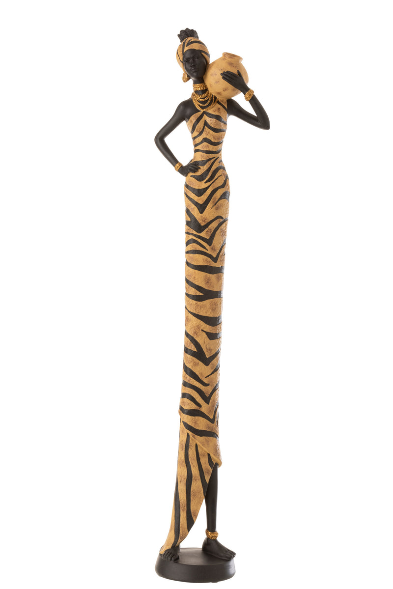 Stolze Schönheit XXL Afrikanische Frau mit Zebra-Streifen Kleid, Polyresin Skulptur in Schwarz & Braun