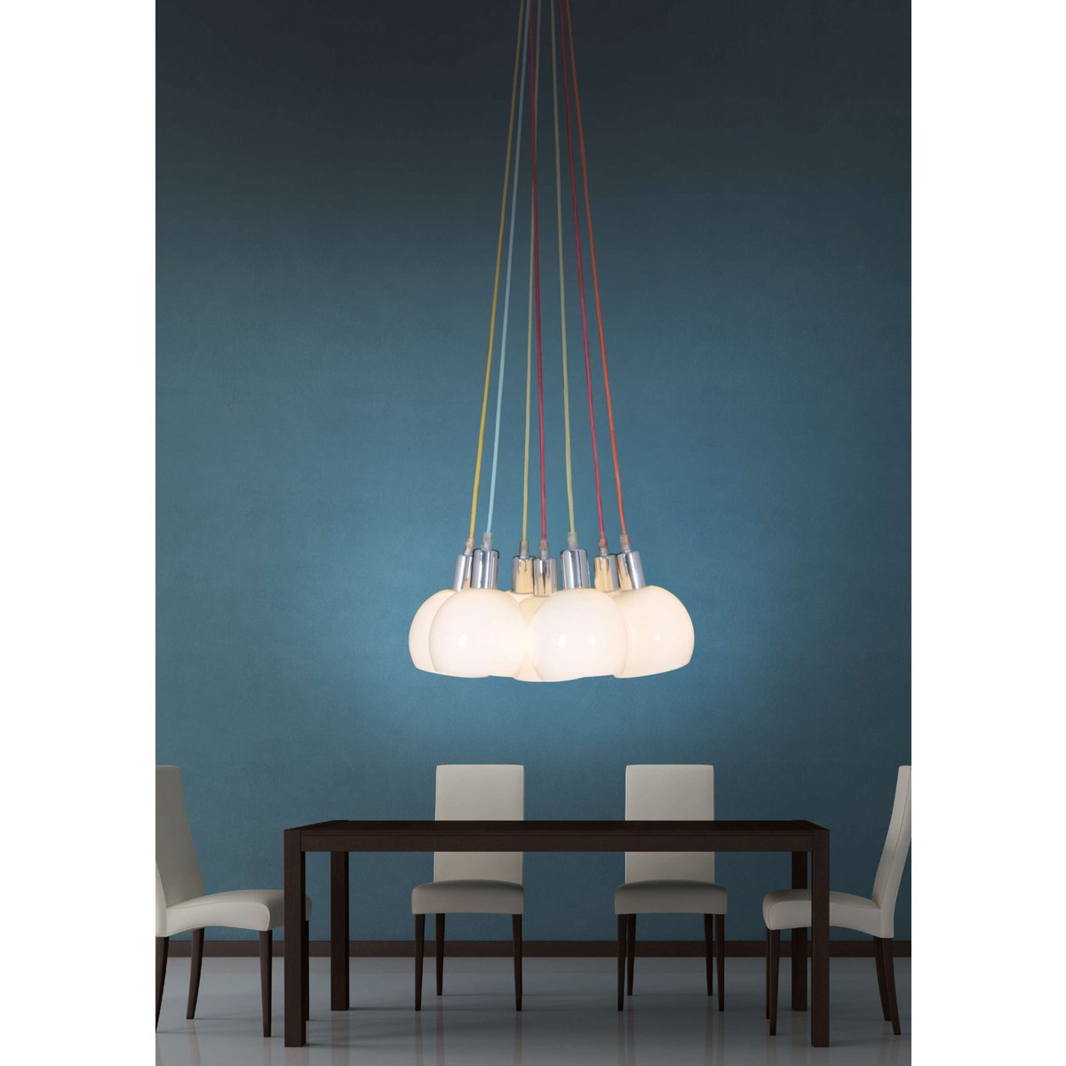 Pendant light "RAINBOW-BOWL" total height 120 cm, 7 glass shades Ø 16 cm, made of chrome-colored metal, opal white glass and colored cables, E14 sockets