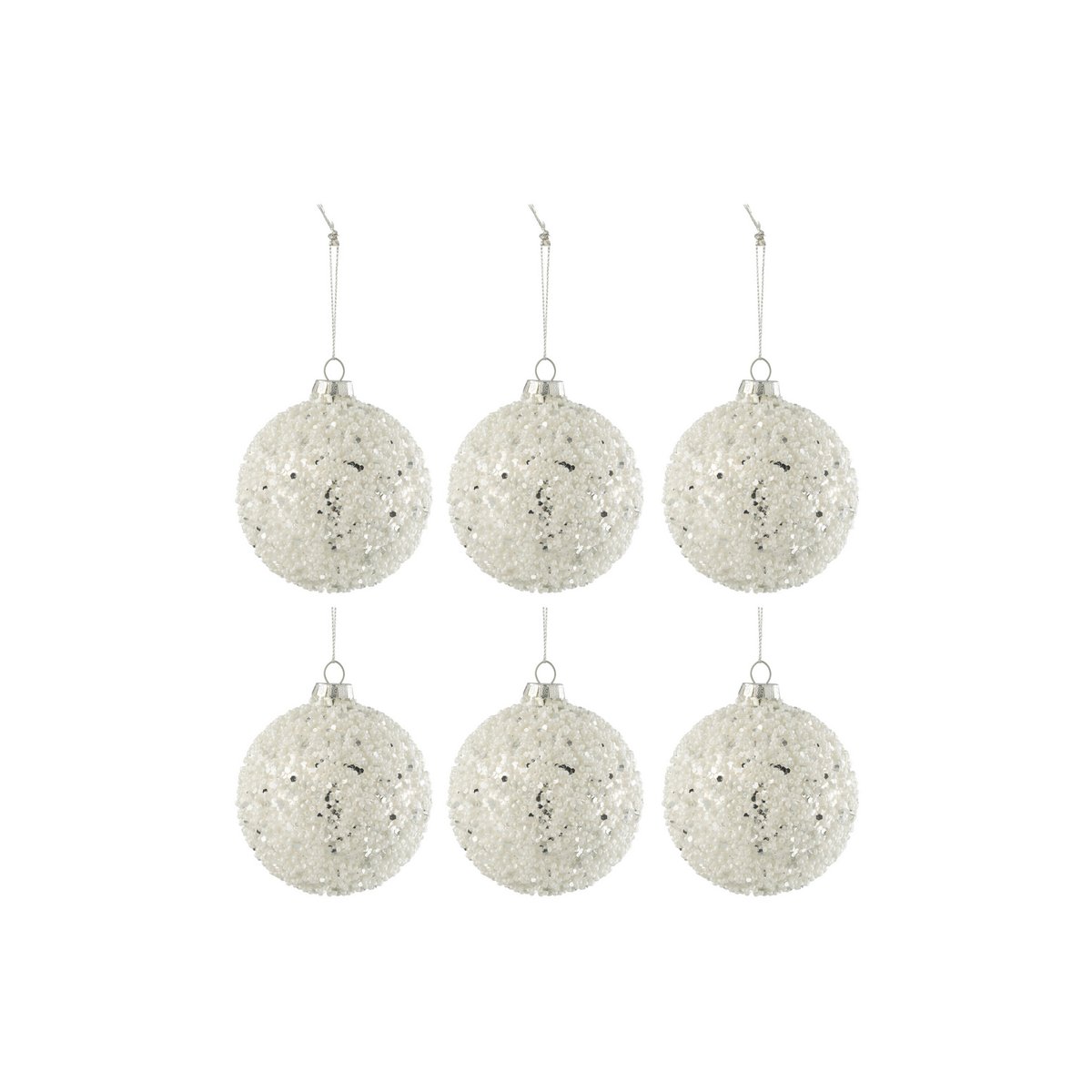 J-Line Box mit 6 Weihnachtskugeln, Perlen + Glitzerglas, Silber/Weiß, klein