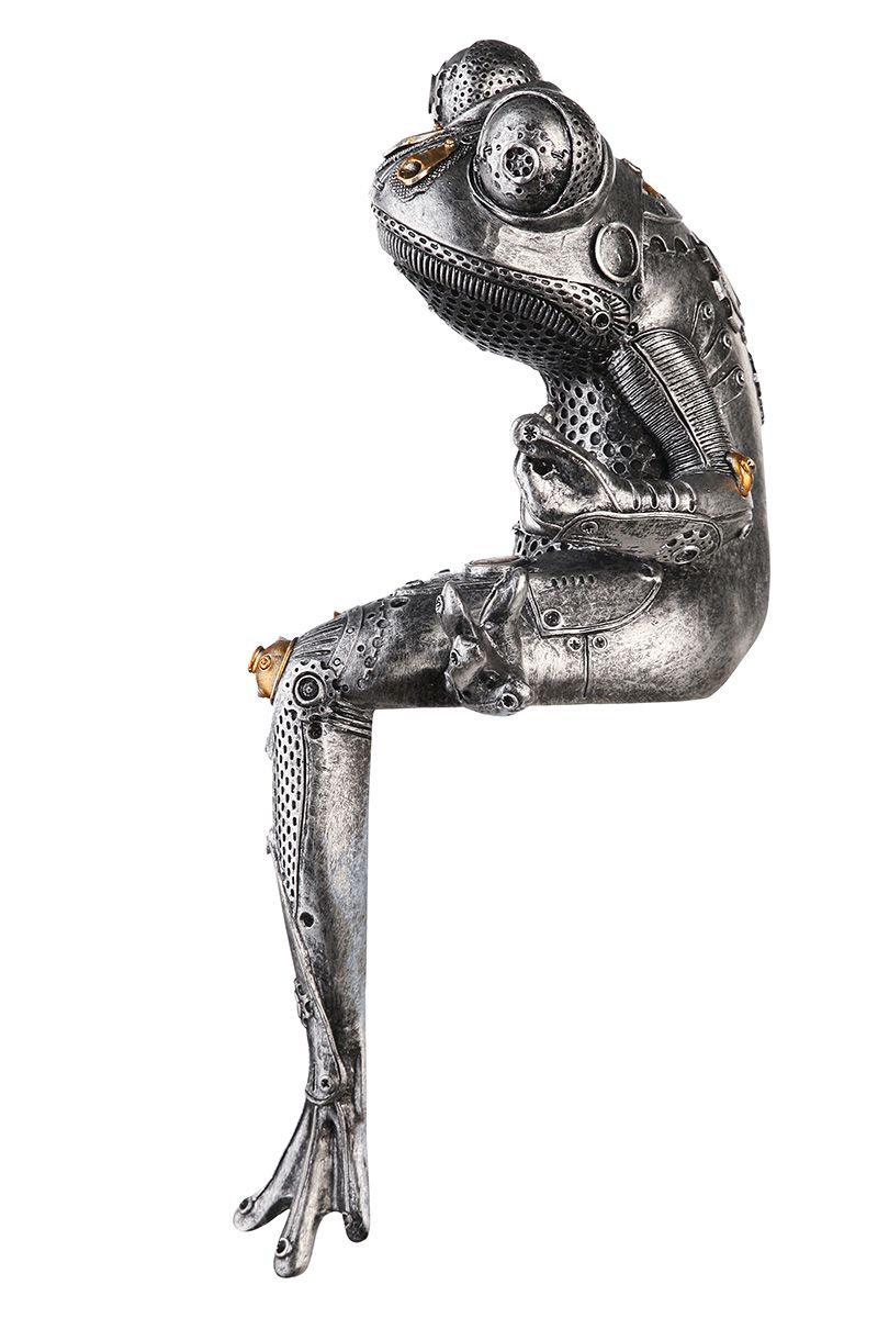 2er Set Steampunk Frog Polyresin Skulptur - Antik Silber und Kupferfarbene Akzente