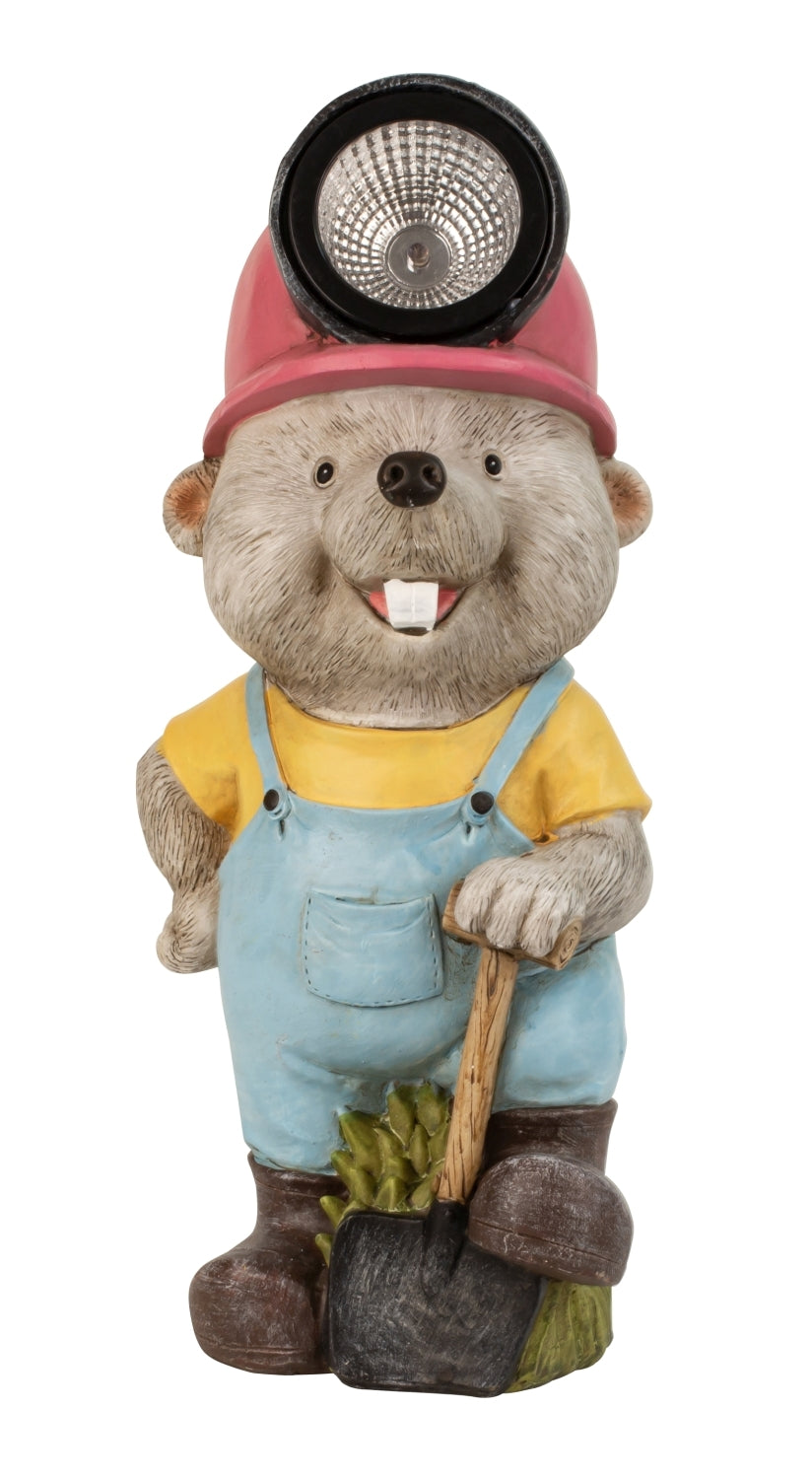 Gartenfigur Biber Lumino mit Solarlicht Latzhose und Schippe 31 cm