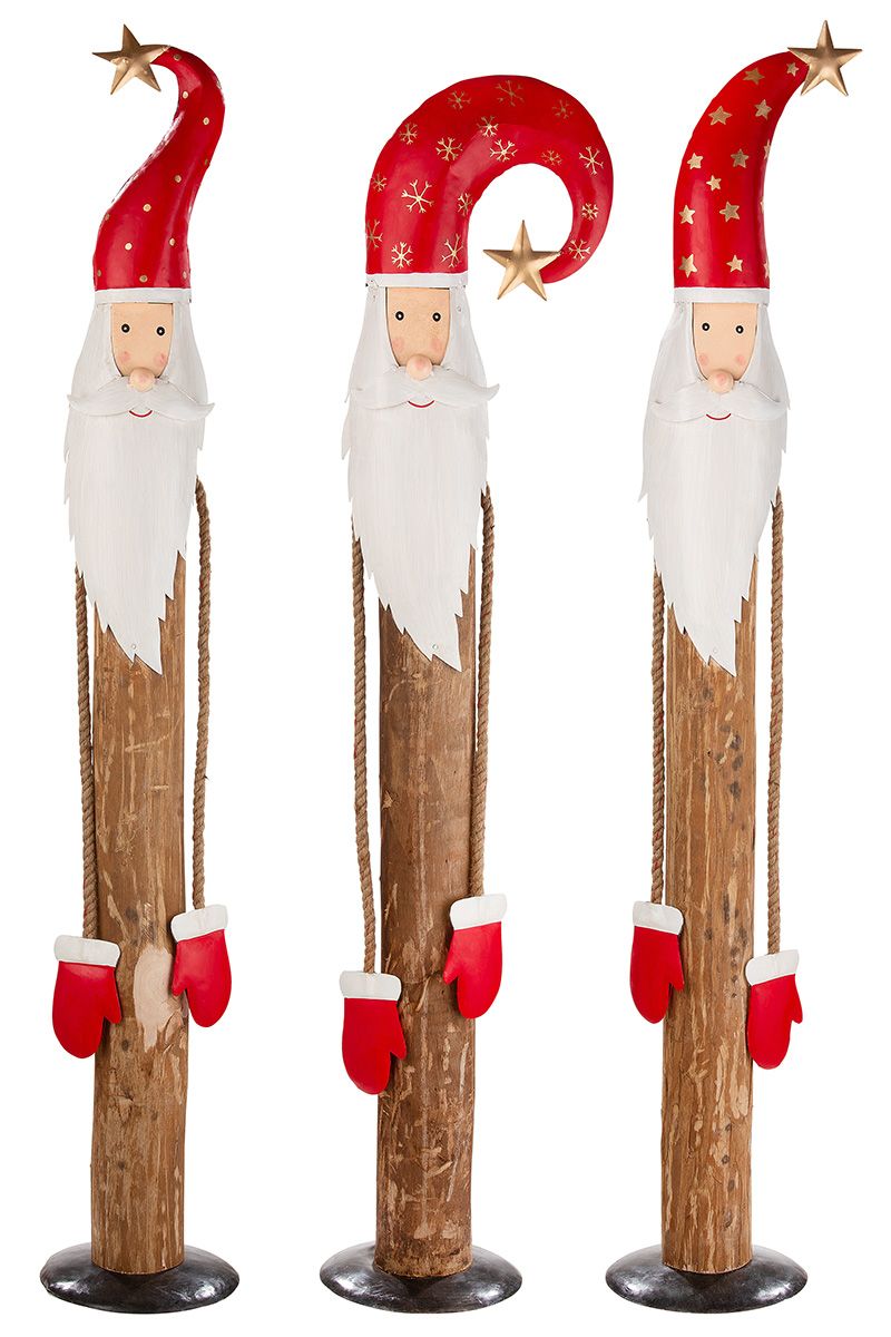 3er Set XXL Holz Santa 'Noel' - Wackelarme Santa, Natur/Rot, aus Eukalyptusholz, 138 cm Hoch
