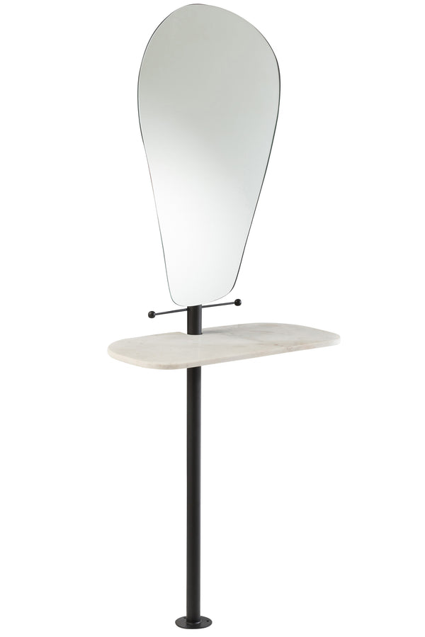 Wandspiegel van wit marmer met zwart metalen frame en plank 