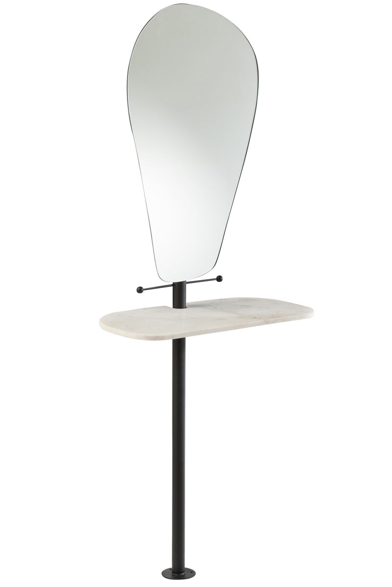 White marble wall mirror with black metal frame and shelf 