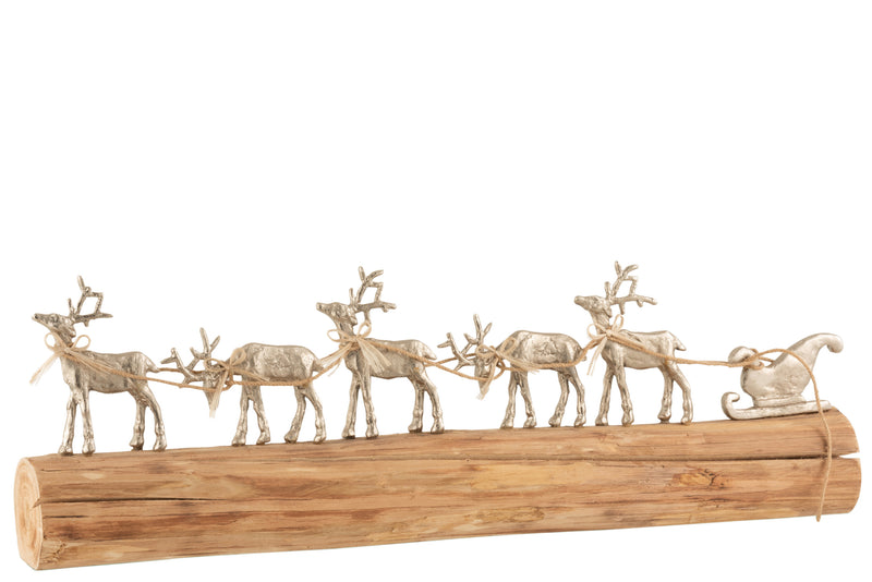 Weihnachtliche Rentier- und Schlittenfigur aus Aluminium und Mangoholz - Handgefertigte Festtagsdekoration, Naturell & Silber, 74x25 cm